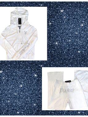 NWOT Playboy Vintage White w/ Silver Bling Velour Track-set, Sweatpants + Hoodie